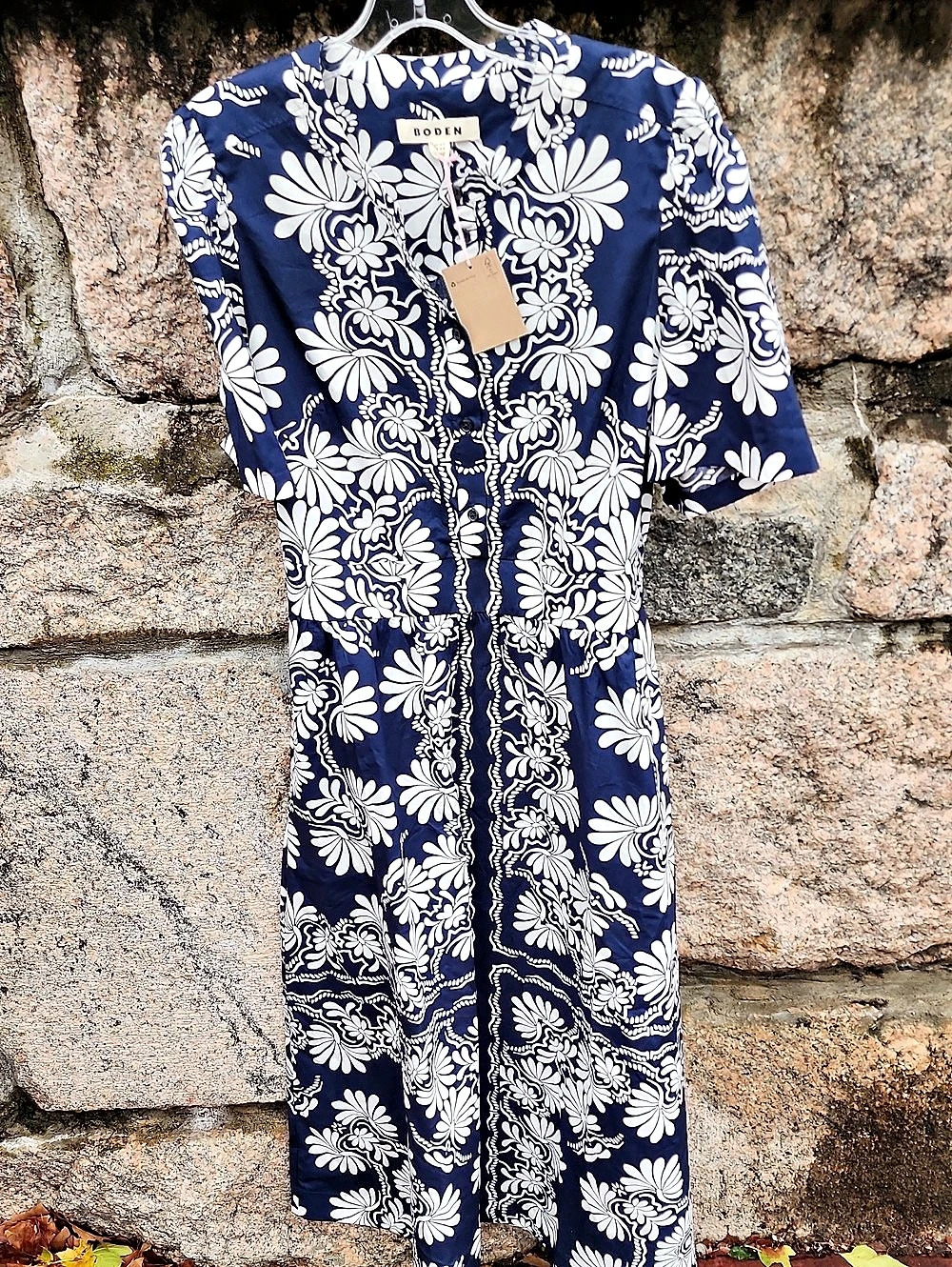 Boden Blue Ivy Cotton Floral Midi Dress in Blue & White Size 12 NWT